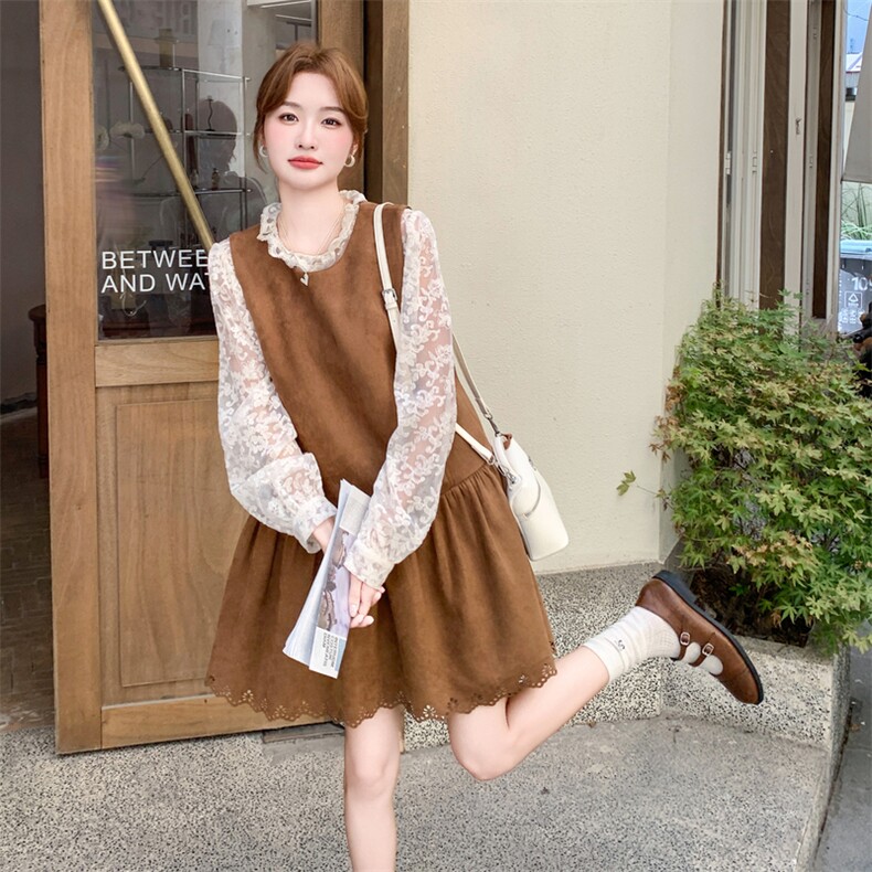 蕾丝打底衬衫上衣两件套连衣裙女秋2025新款休闲显瘦麂皮绒背心裙,女装套装/套裙,2C032
