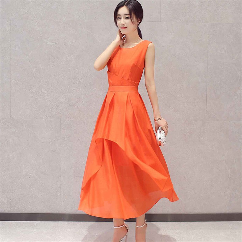 圆领时尚舒适潮流气质2022年夏季无袖简约百搭中长款,女装连衣裙,卡杰菲