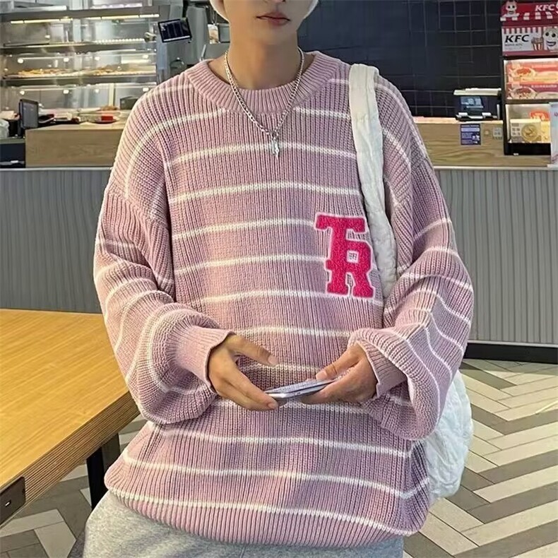 秋冬韩系慵懒风撞色条纹针织衫男女宽松M5521-P43,男装针织衫/毛衣,星座1109-3