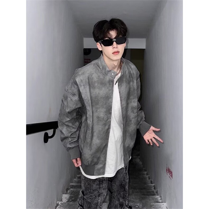 J9923-P83美式潮牌拼接设计扎染皮衣短款棒球服夹克外套，男装皮衣，星座617A-2