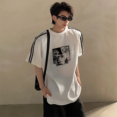 抖音得物高品质二开240克宽松纯棉美式潮牌三条杠织带短袖T恤，男装T恤，电商A486-1