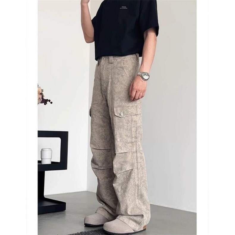 W11069-P53网图现货春季新款大理石纹褶皱口袋美式休闲工装裤,男装工装外套,星座1608