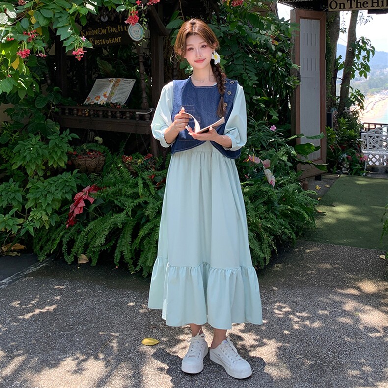 设计感牛仔马甲连衣裙两件套女2025夏季新款韩系收腰显瘦长裙套装,女装连衣裙,2C285