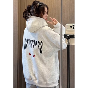 白花灰排扣连帽卫衣男女秋冬加绒加厚520g重磅硬挺外套 W8318图片