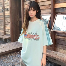 抖音得物品质二开240克宽松纯棉美式潮牌印花三条杠中性风短袖T恤，男装T恤，电商A486-1
