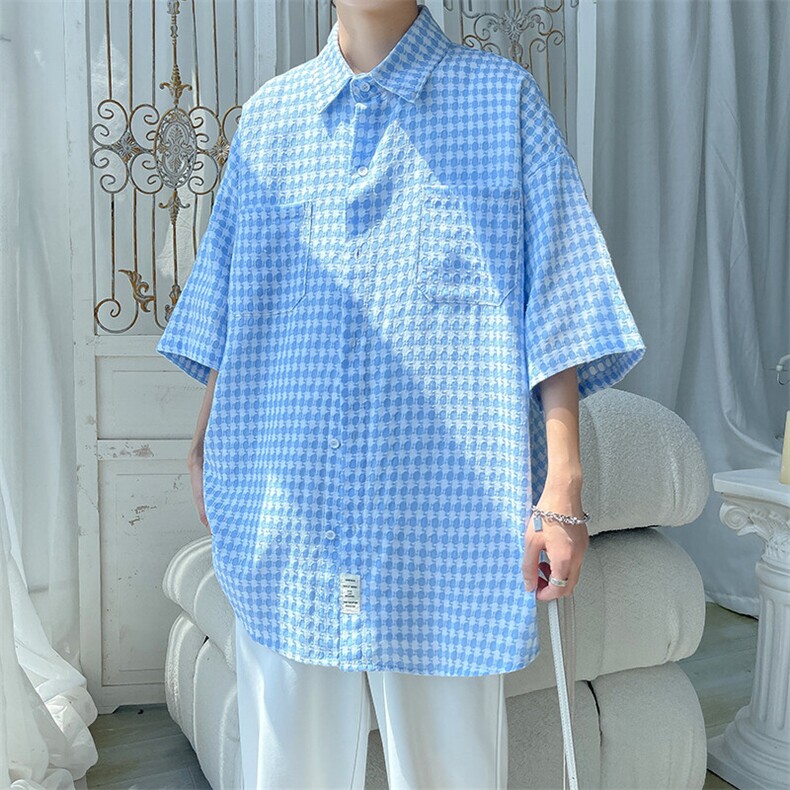 2026夏宽松潮男休闲五分袖衬衫半袖格子衬衣C900/P35蓝色2,男装衬衫,电商A094
