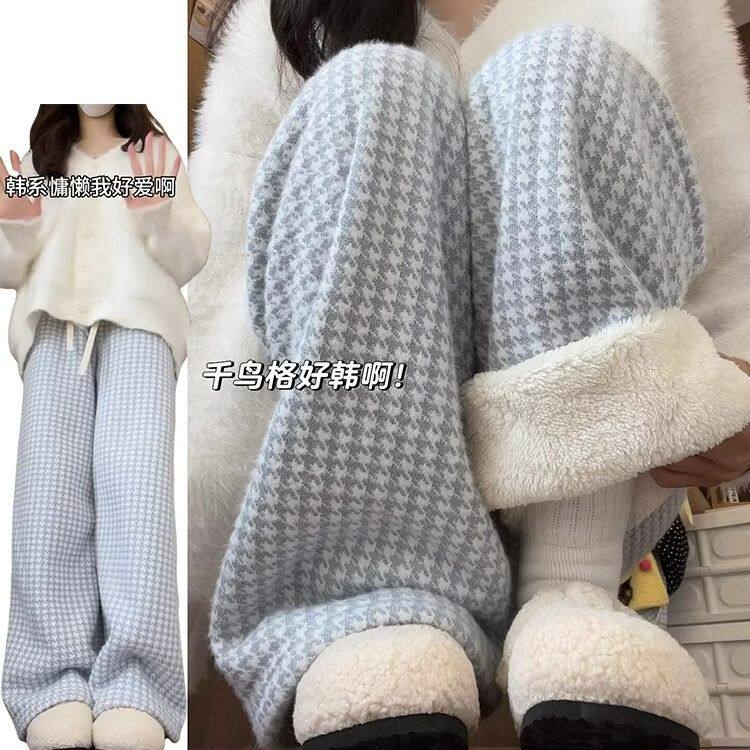 AK2484-P60千鸟格绒绒裤女秋冬24新款小众设计感加厚垂感阔腿裤，女装休闲裤，星座617A-2