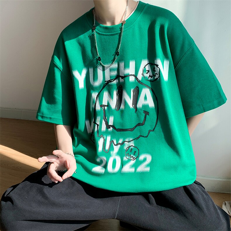 抖音供货、200克现货全棉印花宽松版型短袖T恤D223A-T2298-P25,男装T恤,电商019-1