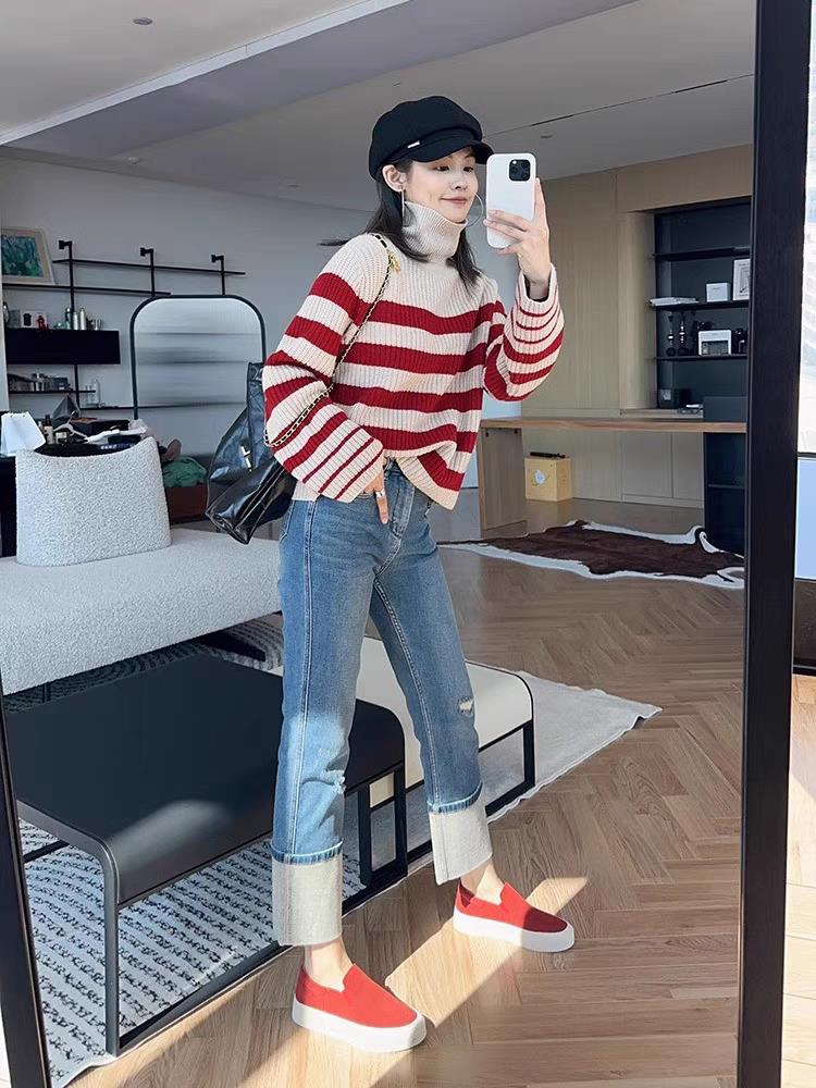 时尚彩条高领女士羊毛衫简约百搭保暖柔软,女装羊毛衫,千御纺羊绒
