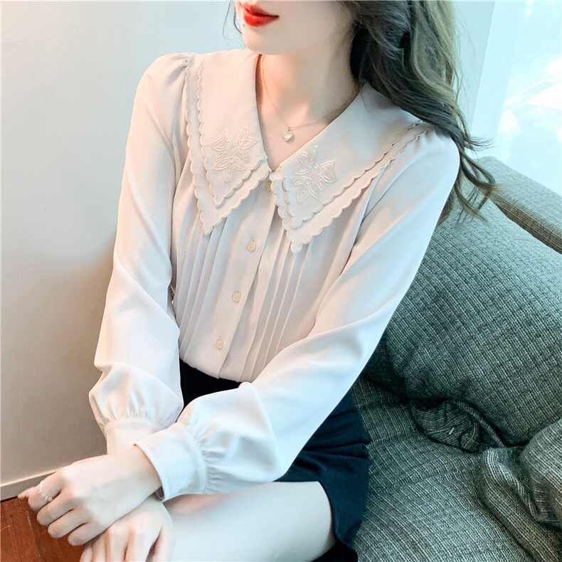 2022春季新款长袖小衫刺绣气质雪纺衫上衣洋气衬衫打底衫，女装蕾丝衫/雪纺衫，美吧服饰