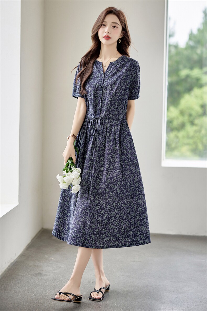 时尚碎花棉麻短袖连衣裙女2026夏季新款收腰显瘦休闲气质V领裙子,女装连衣裙,倪叶myz