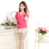 时尚V领蕾丝拼接雪纺衫优雅显瘦长袖上衣，女装蕾丝衫/雪纺衫，雪樱依海