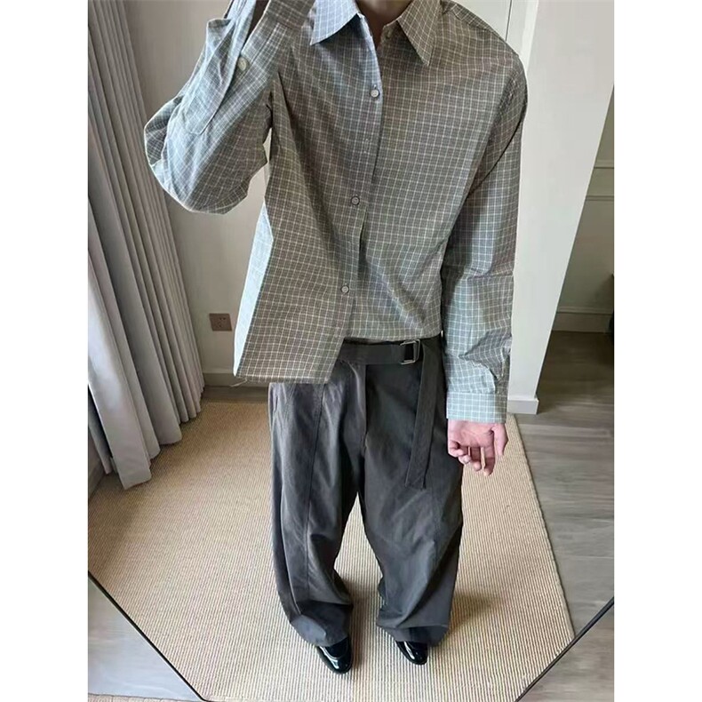 美式潮牌高街复古细格子日系肌理感长袖衬衫外套男女休闲宽松衬衣,男装衬衫,电商A443