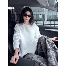 抖音得物品质26春装美式高街宽松曼巴棉螺纹拼接卫衣圆领长袖T恤，男装T恤，电商A443