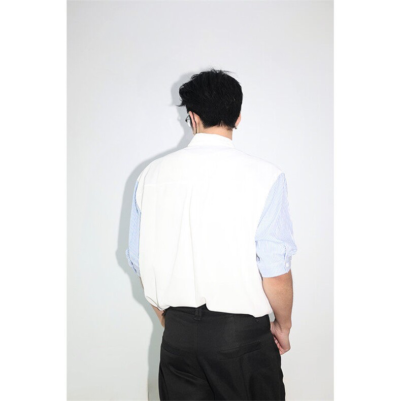 明星私服假两件宽松拼接飞肩设计感假两件条纹短袖衬衫卫衣特P39,男装衬衫,电商B319