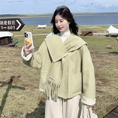 新款！冬装撞色配围巾双面羊毛呢大衣2C133-8982-P265-K378，女装毛呢外套，2C133