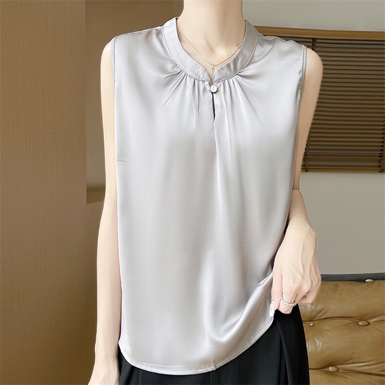 气质立领仿真丝无袖背心上衣女外穿2025夏季新款纯色简约内搭吊带，女装T恤，朝贺羊绒