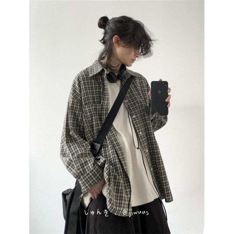 格子宽松长袖衬衫男女复古宽松bf风情侣休闲外套潮牌CY1103-P35,男装衬衫,星座412-1