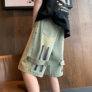 美式复古黄泥染牛仔短裤男夏季薄款潮牌工装裤子设计感时尚五分裤图片