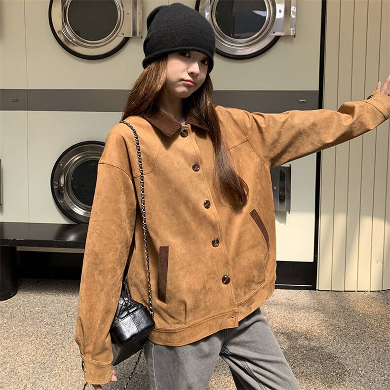 撞色拼接麂皮绒短外套女2025春季新款复古设计感休闲百搭工装夹克，女装短外套，鑫慧