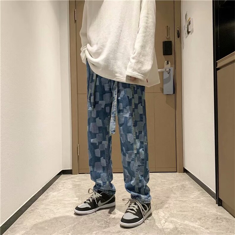 潮牌直筒牛仔裤男复古宽松坠感老爹裤不规则满印阔腿裤k702-p55图片