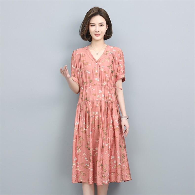 夏季新款优雅碎花连衣裙女宽松显瘦V领短袖长裙气质淑女裙,女装连衣裙,叶笙衣
