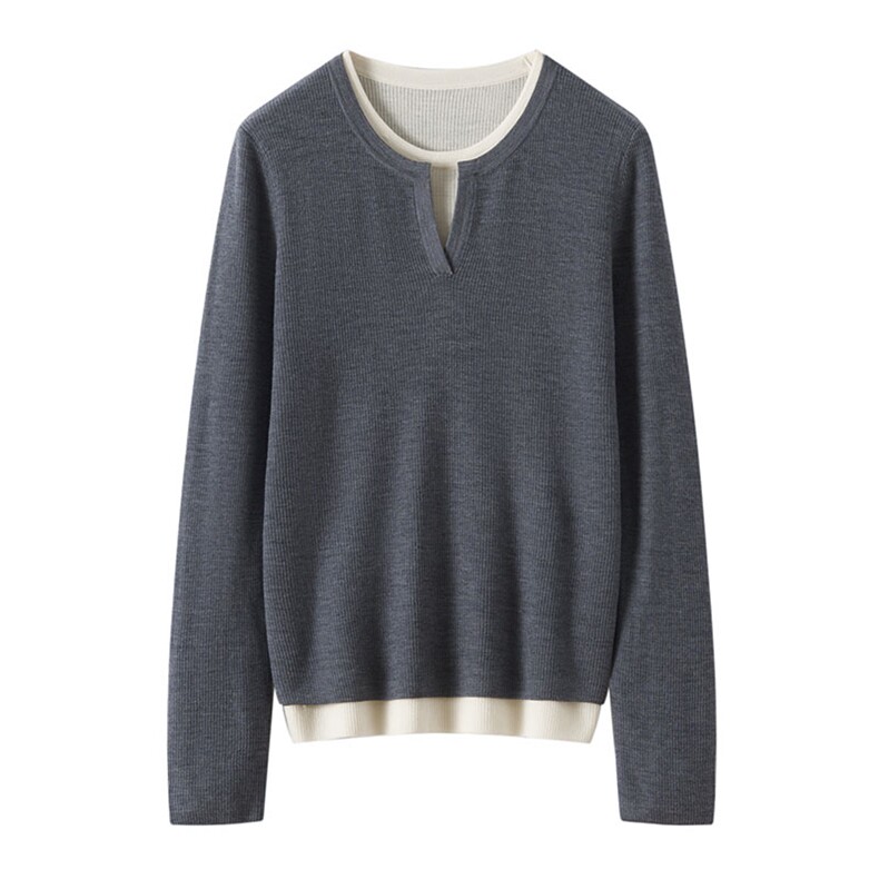 2025年秋季新款百搭精仿女士双色假两件羊毛衫图片