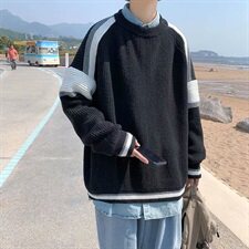港风秋冬条纹毛衣拼接韩版套头针织衫宽松毛衫打底外套MY7150，男装针织衫/毛衣，星座1013-1