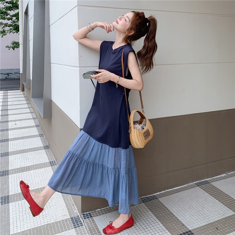 法式藏青色拼接无袖背心连衣裙女夏2025新款轻奢高级感巨好看别致,女装连衣裙,维壹