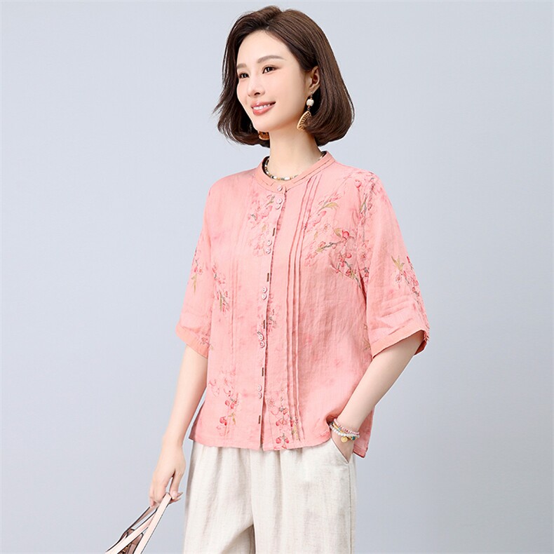 2025夏装新款复古舒适显瘦撞色印花苎麻衬衫轻薄阔腿裤,女装衬衫,凝聚力