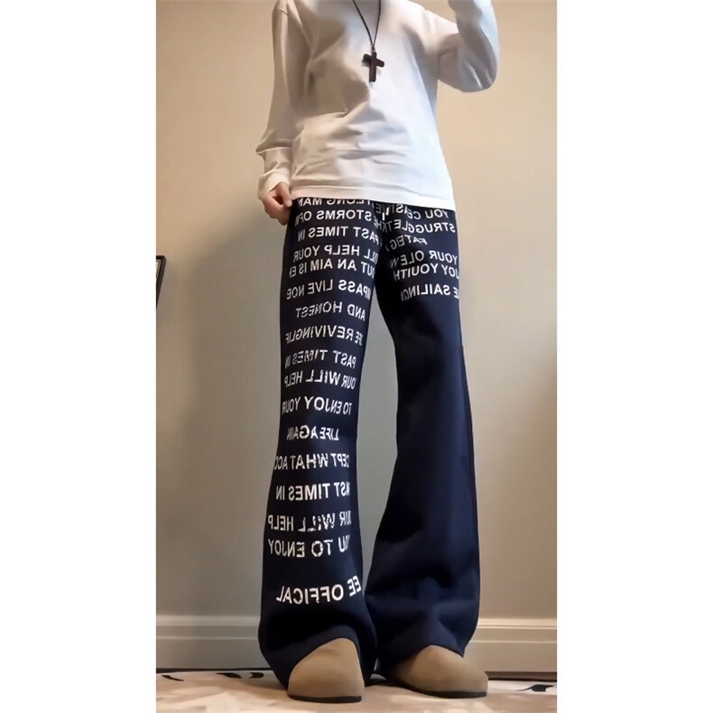 藏青色字母卫裤男款高个子加长美式高街运动裤子垂感直筒微喇裤潮,男装休闲裤,电商A061