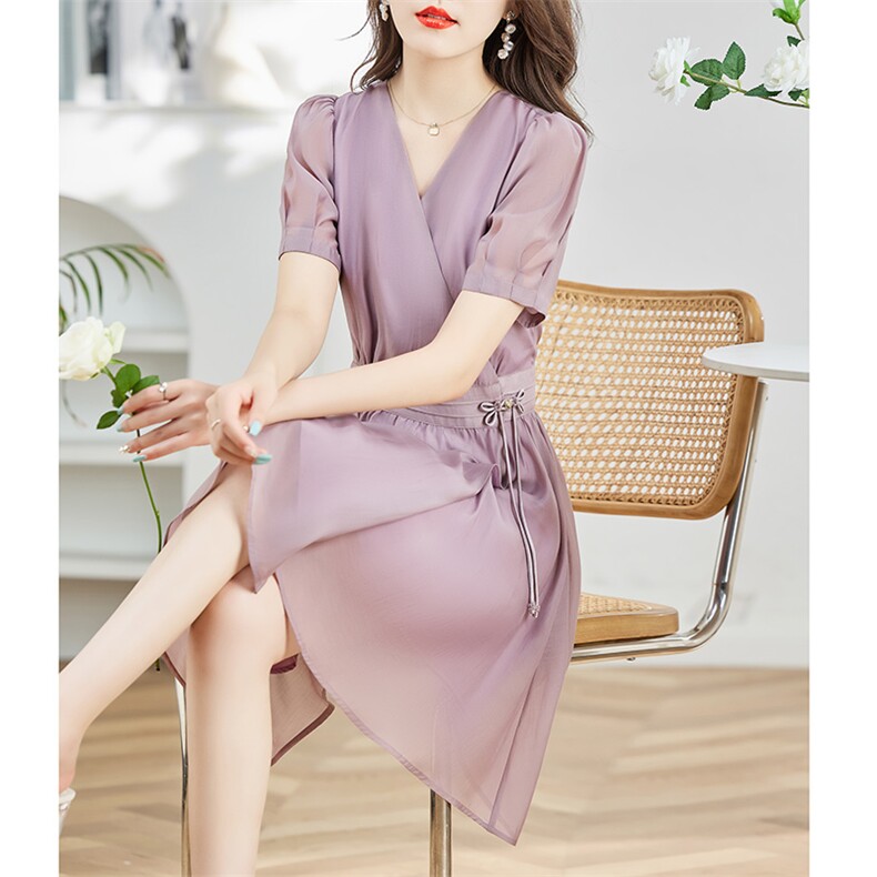 小个子高端气质名牌女装真丝连衣裙2024夏季新款女品牌桑蚕丝裙子,女装连衣裙,魅丽静蓝
