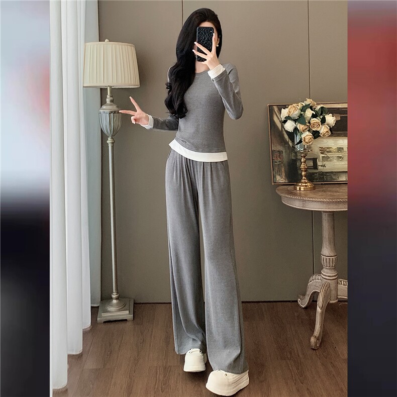 炸街休闲运动套装秋季新款女纯色长袖T恤外搭披肩阔腿长裤三件套,女装套装/套裙,江南