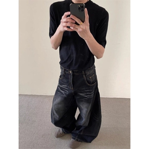 美式复古黑色弯刀牛仔裤2025春新款街头廓形做旧水洗拖地阔腿裤图片