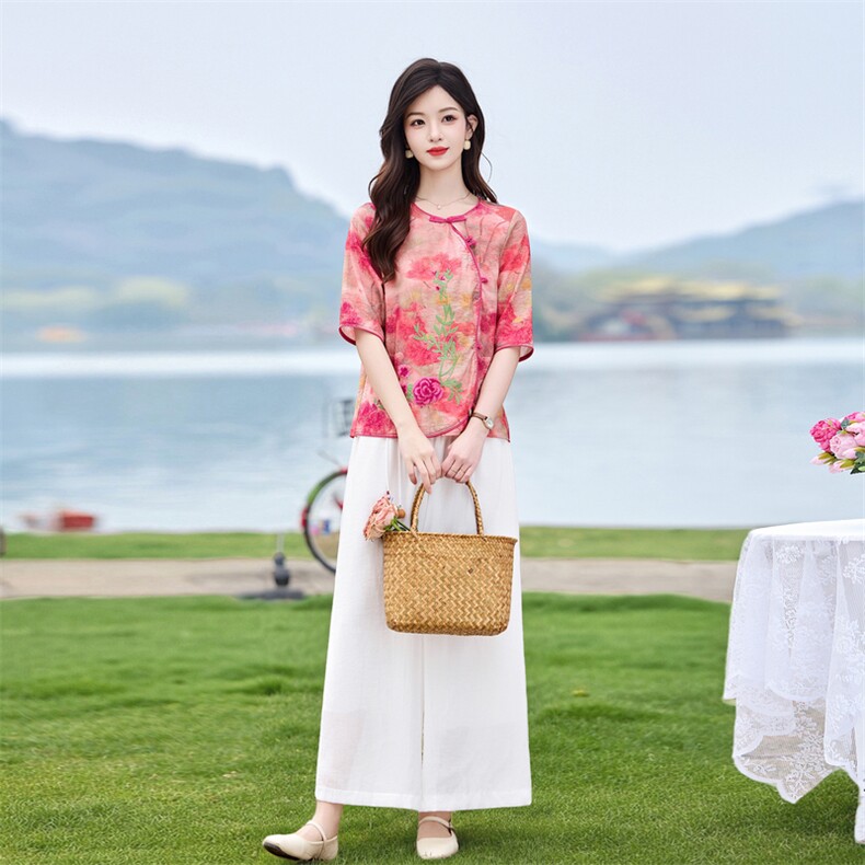 新中式盘扣刺绣套装女2026夏季新款复古气质宽松阔腿裤两件套,女装套装/套裙,魅影