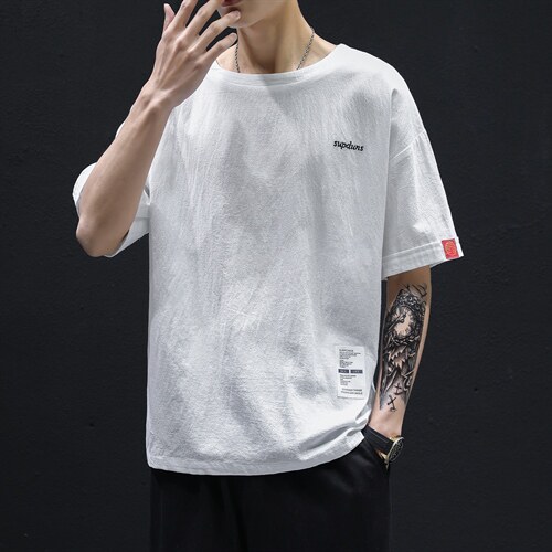 T215黑墙风男士休闲圆领棉麻短袖半截袖宽松T恤风民族风TEE潮，男装T恤，星座115A(原星座507）