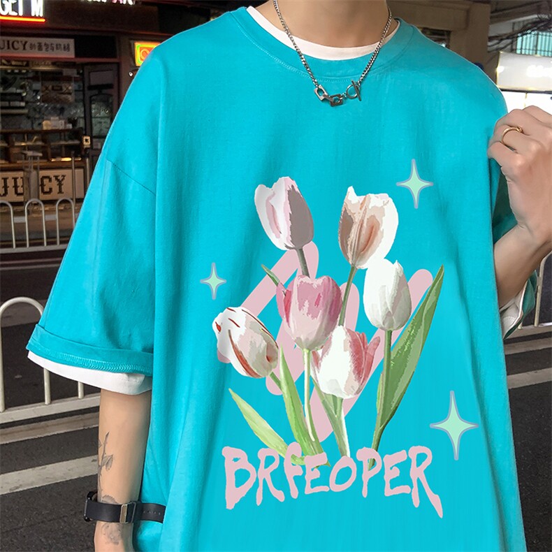 港风油画郁金香创意印花夏季重磅落肩袖短袖t恤B239-1253-P28,男装T恤,星座514-2(原B239)