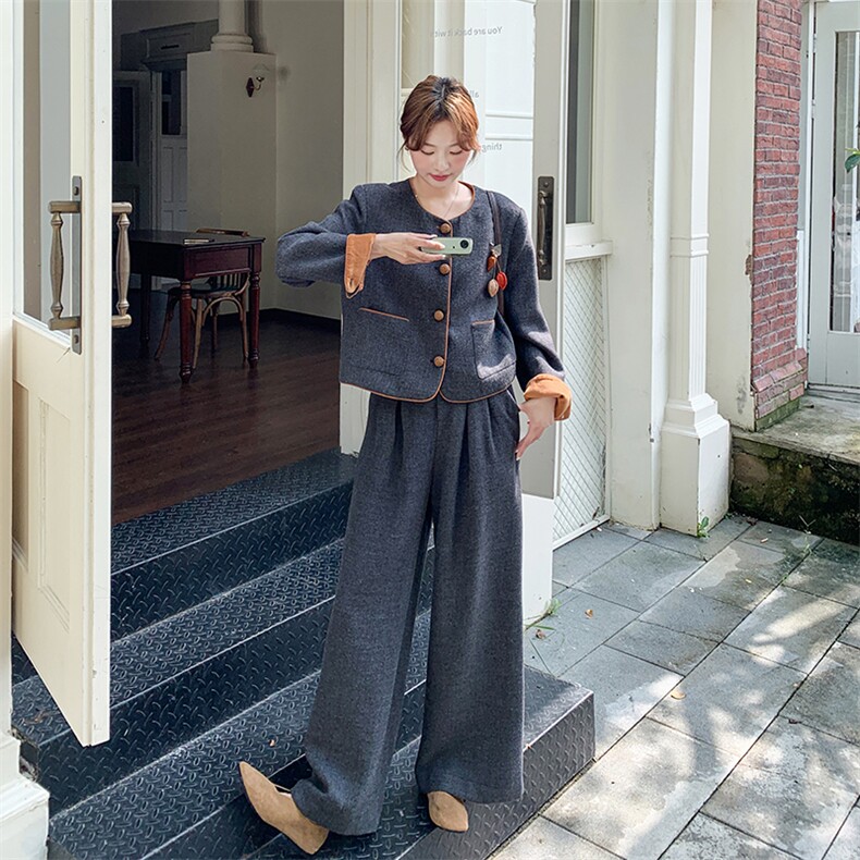 法式复古撞色外套阔腿裤套装女2025秋季新款高级感轻熟显瘦两件套,女装套装/套裙,浙宝301