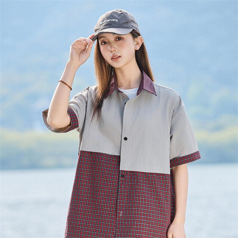 拼接格子衬衫夏季2025新款短袖衬衣休闲外套女 A406 C6059 特P40图片