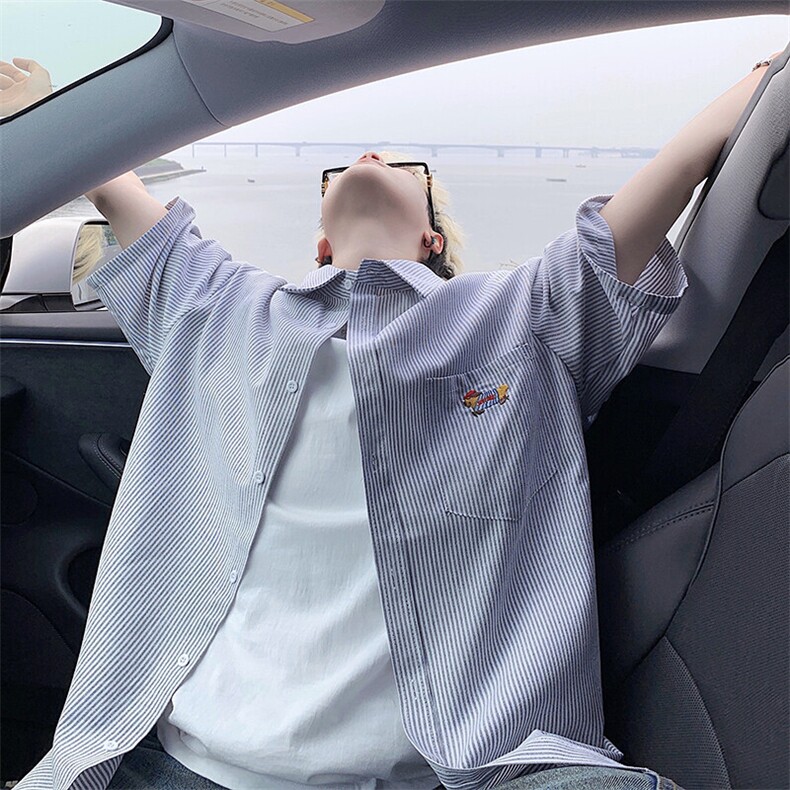 B221美式ins港风宽松薄款条纹短袖衬衫SY2556-特P35控59,男装衬衫,电商B221