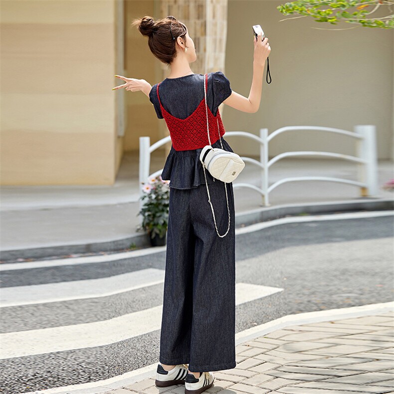 夏季薄款短袖牛仔套装女2025新款设计感蕾丝钩花吊带阔腿裤三件套,女装套装/套裙,韩宇舍