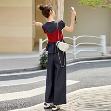 夏季薄款短袖牛仔套装女2025新款设计感蕾丝钩花吊带阔腿裤三件套，女装套装/套裙，韩宇舍