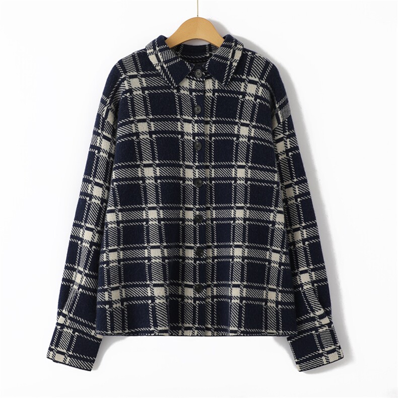 秋装新款格纹单排扣针织开衫优雅显瘦长袖外套百搭气质女装上衣,女装衬衫,锦博羊绒