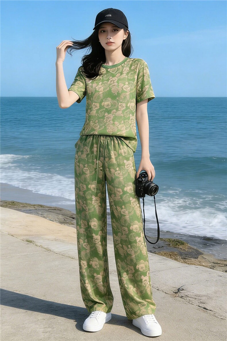 韩版时尚潮流套装女夏季新款个性简约圆领印花上衣阔腿长裤两件套,女装套装/套裙,江南