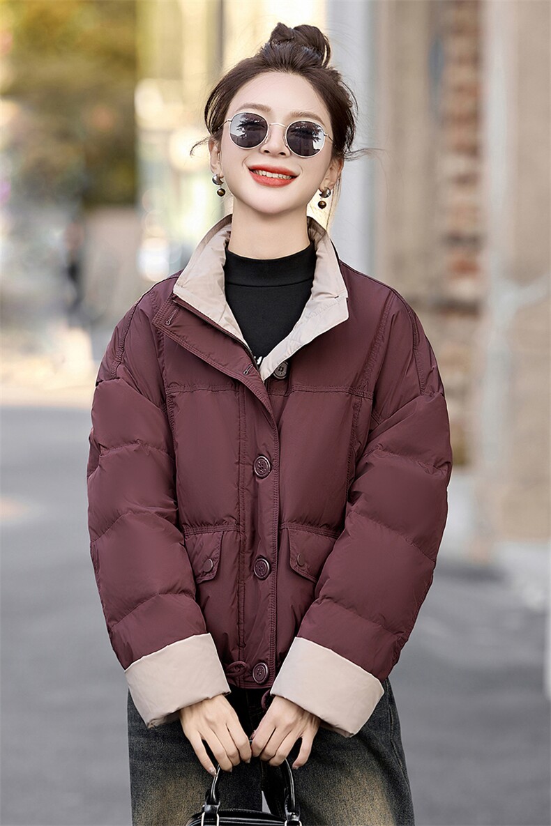 时尚拼色立领短款羽绒服女2024冬季小个子超好看面包服白鸭绒外套,女装羽绒服,美沁
