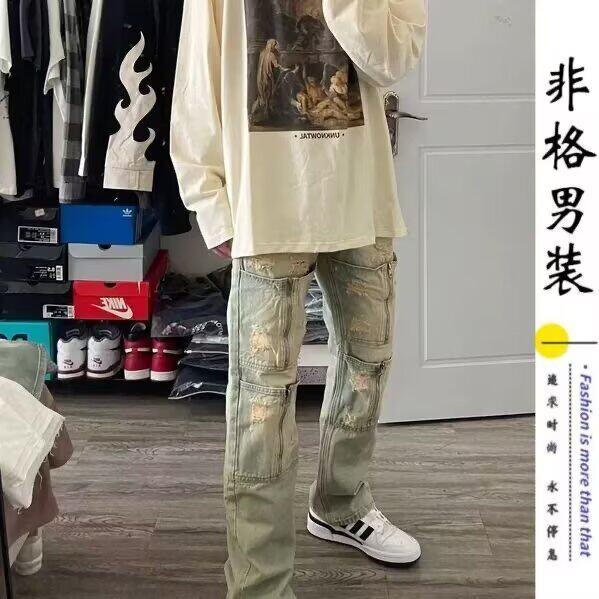 牛仔裤男春秋款潮牌宽松破洞设计感小众水洗做旧工装直筒裤子,男装牛仔裤,星座506A