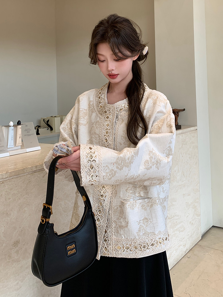 白色新中式外套女2025春季新款重工亮片国风蕾丝花边提花上衣,女装短外套,浙宝208A