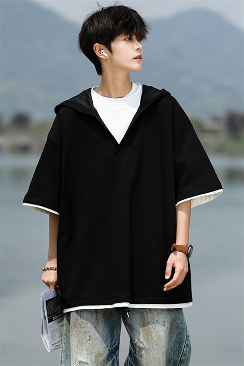 8XL-M假两件短袖卫衣连帽t恤男夏季薄款宽松大码学生半袖DT007P48,男装T恤,电商B312