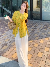 新中式印花宽松喇叭袖时尚气质小衫，女装衬衫，水衣源