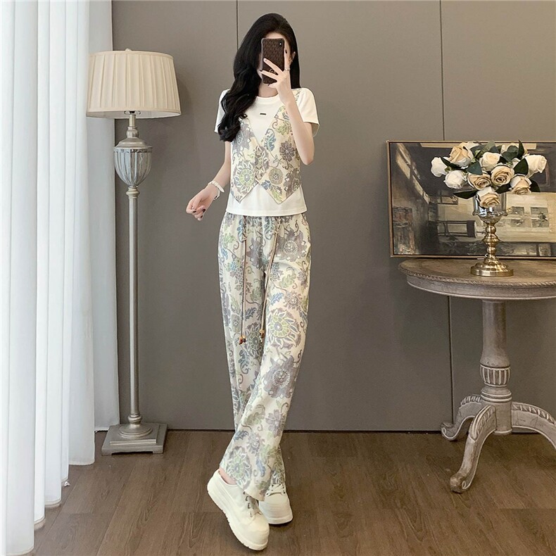 设计感时尚气质简约套装女夏圆领印花马甲假两件套阔腿长裤两件套,女装套装/套裙,江南